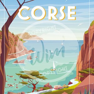 May include: A colorful illustration of a scenic landscape with a winding road leading to a turquoise blue ocean. The text "La Corse" is displayed in a yellow and white font at the top of the image.