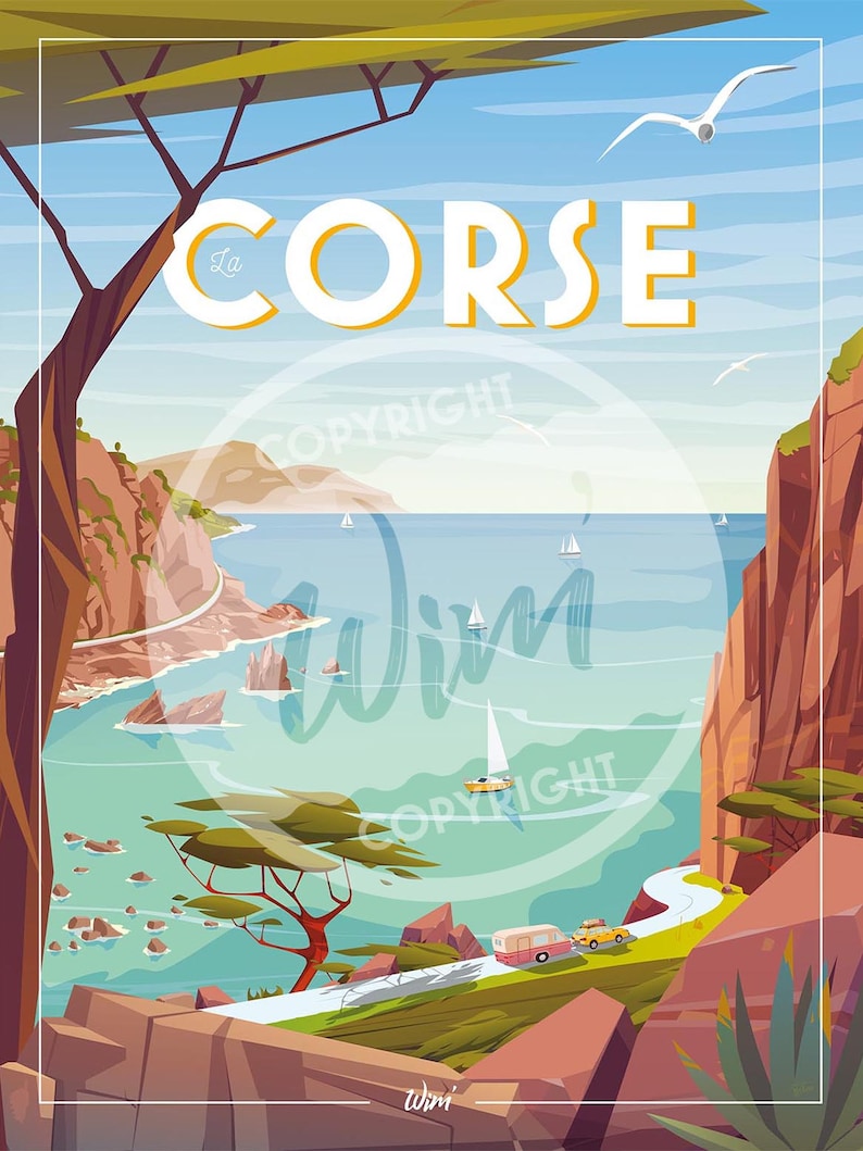 May include: A colorful illustration of a scenic landscape with a winding road leading to a turquoise blue ocean. The text "La Corse" is displayed in a yellow and white font at the top of the image.