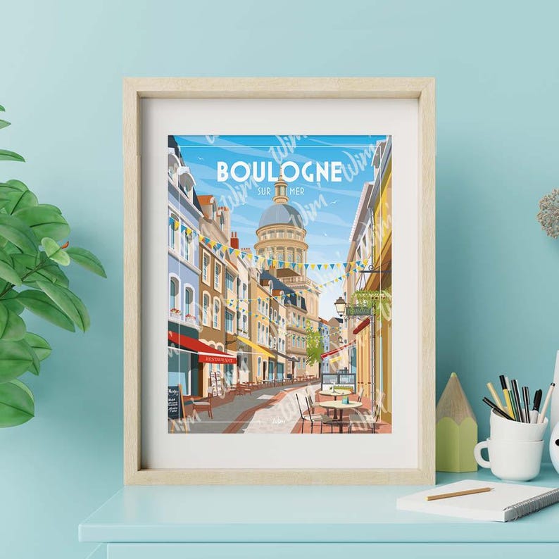 May include: A light wood framed print featuring a vibrant illustration of a charming street scene in Boulogne-sur-Mer. The artwork showcases colorful buildings, flags, and outdoor cafes, creating a cheerful and inviting atmosphere. The text 'BOULOGNE SUR MER' is prominently displayed. The print is ideal for adding a touch of European flair to any space.