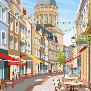 May include: A charming illustration of a European street scene. Yellow and blue bunting decorates buildings with awnings, creating a festive atmosphere. Restaurants and a pharmacy are visible, with outdoor seating. The street leads to a large domed building in the background. The overall style is bright and cheerful, with warm colors and detailed architectural elements.  The words 'RESTAURANT' and 'PHARMACIE' are visible on building signage.