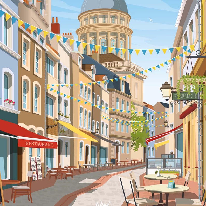 May include: A charming illustration of a European street scene. Yellow and blue bunting decorates buildings with awnings, creating a festive atmosphere. Restaurants and a pharmacy are visible, with outdoor seating. The street leads to a large domed building in the background. The overall style is bright and cheerful, with warm colors and detailed architectural elements.  The words 'RESTAURANT' and 'PHARMACIE' are visible on building signage.