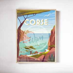 May include: A vintage travel poster with a colorful illustration of a coastal scene in Corsica. The poster features a blue ocean, green trees, and red cliffs. The text "CORSE" is in a yellow box at the top of the poster.