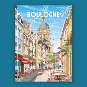 May include: A vibrant travel poster showcasing Boulogne-sur-Mer. The illustration features a charming street scene with colorful buildings, flags, and a prominent church dome.  The text 'BOULOGNE SUR MER' is prominently displayed.  The poster evokes a cheerful, inviting atmosphere, perfect for tourism or travel-themed decor.  The color palette is bright and cheerful, with yellows, blues, and other pastel shades dominating the scene. The poster includes details such as restaurants and shops, adding to the realistic depiction of the town. The overall style is reminiscent of vintage travel posters.