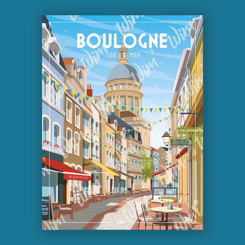 May include: A vibrant travel poster showcasing Boulogne-sur-Mer. The illustration features a charming street scene with colorful buildings, flags, and a prominent church dome.  The text 'BOULOGNE SUR MER' is prominently displayed.  The poster evokes a cheerful, inviting atmosphere, perfect for tourism or travel-themed decor.  The color palette is bright and cheerful, with yellows, blues, and other pastel shades dominating the scene. The poster includes details such as restaurants and shops, adding to the realistic depiction of the town. The overall style is reminiscent of vintage travel posters.