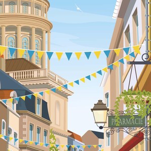 May include: A charming street scene features yellow and blue bunting strung between buildings.  The architecture is European-style, with tall buildings, ornate balconies, and a large domed structure.  A pharmacy sign, reading 'Pharmacie,' hangs from a building. The scene is bright and cheerful, suggesting a festive atmosphere.