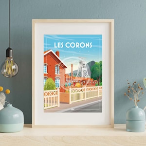Può includere: Un'illustrazione colorata di una città con il testo "LES CORONS" in alto. L'illustrazione presenta un edificio in mattoni rossi, una struttura mineraria alta e una recinzione di legno bianco.