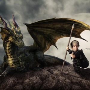 May include: A fantasy digital art image featuring a green and gold dragon with large wings, perched on a rocky surface. A child in a fur hat and outfit holds a spear, with a full moon in the background. The text "NEVERLAND DIGITAL ARTS" is visible.