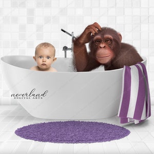 May include: A brown monkey and a baby are in a white bathtub. The monkey is holding its head with one hand. The baby is sitting in the tub with its arms crossed. There is a purple and white striped towel hanging on the side of the tub. There is a purple bath mat on the floor.