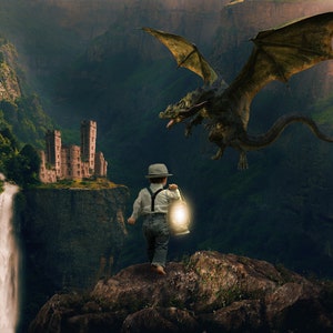 May include: A young person with a lantern walks towards a castle on a cliff, with a large green dragon flying overhead.