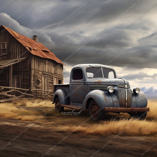 Old Blue Farm Truck / Digital Background /  Digital Backdrops for Photographers / Photoshop / Add Your Own Subject