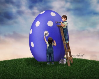 May include: A whimsical image depicts two children painting a large, blue Easter egg with white polka dots. One child stands on a wooden ladder, while the other paints from the ground. The scene is set on a grassy hill under a cloudy sky.