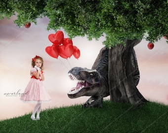 Fundo digital composto de dinossauro bebê T-rex / fundos e sobreposições de dia dos namorados para Photoshop / adicionar seu próprio assunto