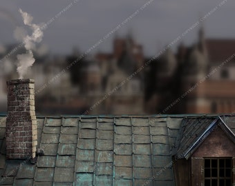 May include: A rooftop scene with a brick chimney emitting smoke against a blurred cityscape backdrop. The roof is covered in weathered, green-tinged tiles, and a small dormer window is visible.