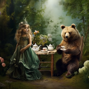 May include: A young girl wearing a green dress and a crown sits at a table with a bear. They are having tea together in a woodland setting.