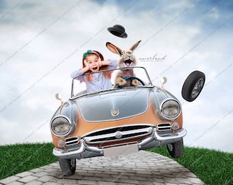 Easter Bunny Driving Digital Background For Photography Compositions / For Photographers / Photoshop /  Easter Backdrop / Composite