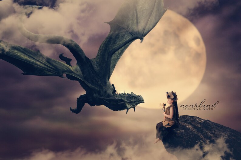 May include: A young person sits on a rock with a dragon flying overhead. The dragon is green and has large wings. The person is wearing a brown vest and a headdress. The background is a cloudy sky with a large, bright moon.
