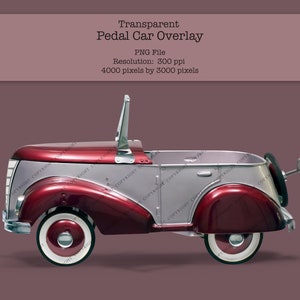 May include: A vintage-style pedal car overlay in silver and burgundy, with white-walled tires. The car features a wind-up key detail and a spare tire. The image includes the text "Transparent Pedal Car Overlay".