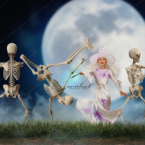 May include: A young girl dressed as a witch dances with two skeletons in front of a large, full moon. The girl is wearing a white dress with purple accents and a witch's hat. The skeletons are wearing a white background.