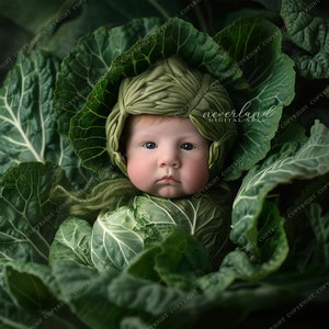May include: A baby dressed in a green cabbage costume, nestled within large green cabbage leaves. The baby wears a matching green hat. The image has a soft focus and a natural, earthy aesthetic, with the text "NEVERLAND DIGITAL ART" in the top left corner.