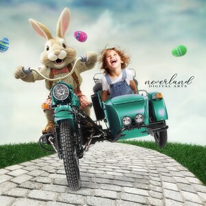 May include: A green motorcycle with a sidecar, driven by a bunny wearing a bow tie and a girl with red hair. The motorcycle is driving down a brick road with green grass on either side. There are colorful Easter eggs floating in the air.