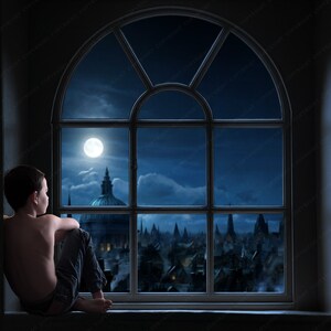 May include: A young person sits on a windowsill, gazing out at a moonlit cityscape through a large arched window. The night sky is filled with a bright full moon and a dark blue hue. The scene evokes a sense of wonder and contemplation.