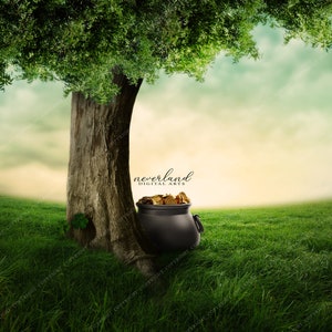 May include: A black cauldron filled with gold coins sits at the base of a large tree in a green grassy field. The sky is a soft green and yellow.