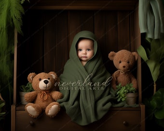 May include: A baby wrapped in a green blanket sits in a wooden cabinet, flanked by two brown teddy bears and potted plants. The scene is set against a dark background with green foliage, creating a cozy and natural aesthetic. The image has the text "NEVERLAND DIGITAL ARTS".