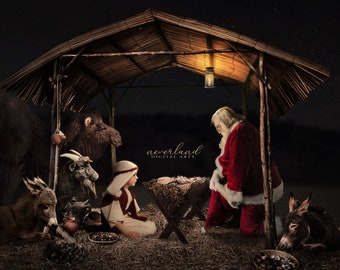 2 PACK- Santa In A Manger Christmas Background for Photography Composites /  Backdrop for Photography / Photoshop Composition / Jesus