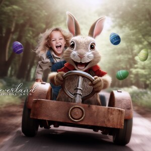 Bunny Driving Through The Forest Digital Background For Photography Compositions / Photoshop /  Easter Backdrop / Composite