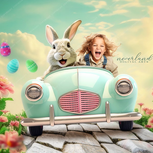 Easter Bunny Driving Digital Background For Photography Compositions / For Photographers / Photoshop /  Easter Backdrop / Composite