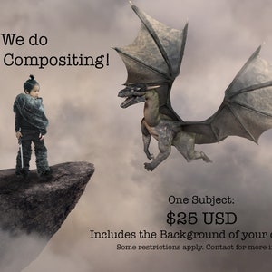 May include: A young person in a dark hooded cloak stands on a cliff, facing a green dragon with black wings flying towards them. The text "We do Custom Compositing!" is at the top of the image. The text "One Subject: $25 USD Includes the Background of your choice! Some restrictions apply. Contact for more info." is at the bottom of the image.
