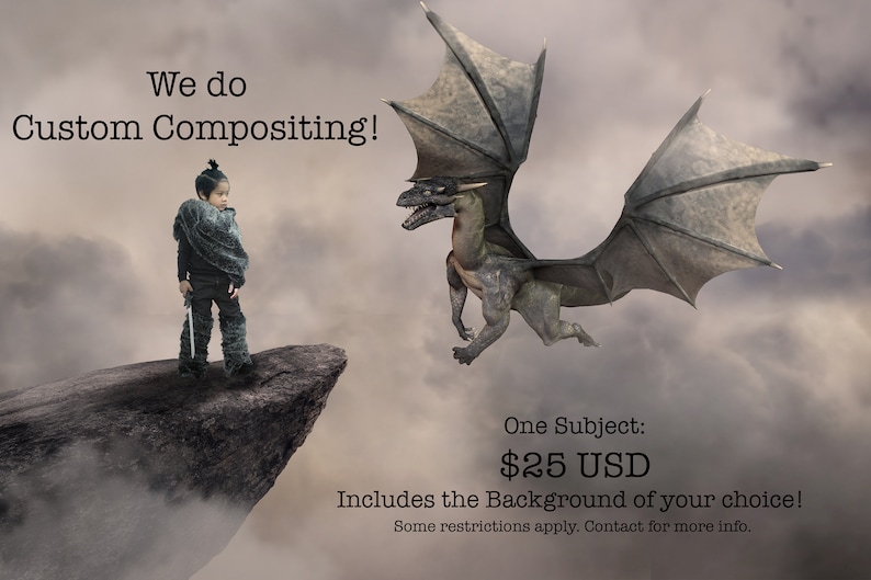 May include: A young person in a dark hooded cloak stands on a cliff, facing a green dragon with black wings flying towards them. The text "We do Custom Compositing!" is at the top of the image. The text "One Subject: $25 USD Includes the Background of your choice! Some restrictions apply. Contact for more info." is at the bottom of the image.