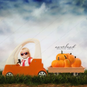 May include: An orange toy car with a child wearing sunglasses and a red tie, pulling a wooden wagon filled with pumpkins. The scene is set in a grassy field under a cloudy sky.