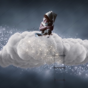 May include: A young child wearing a white hat sits on a fluffy white cloud with a teddy bear. The cloud is surrounded by sparkling stars against a dark blue background. A ladder extends from the bottom of the image to the cloud.