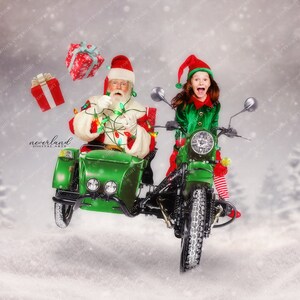 May include: Santa Claus and an elf ride a green motorcycle with a sidecar through a snowy landscape. Santa wears a red hat and holds Christmas lights. The elf wears a green outfit and red and white striped socks. Floating gifts are in the air.