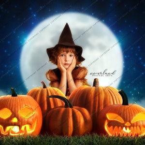 May include: A young girl wearing a witch hat sits in front of a full moon with five pumpkins, two of which are carved with jack-o'-lantern faces. The pumpkins are lit from within, casting a warm glow.