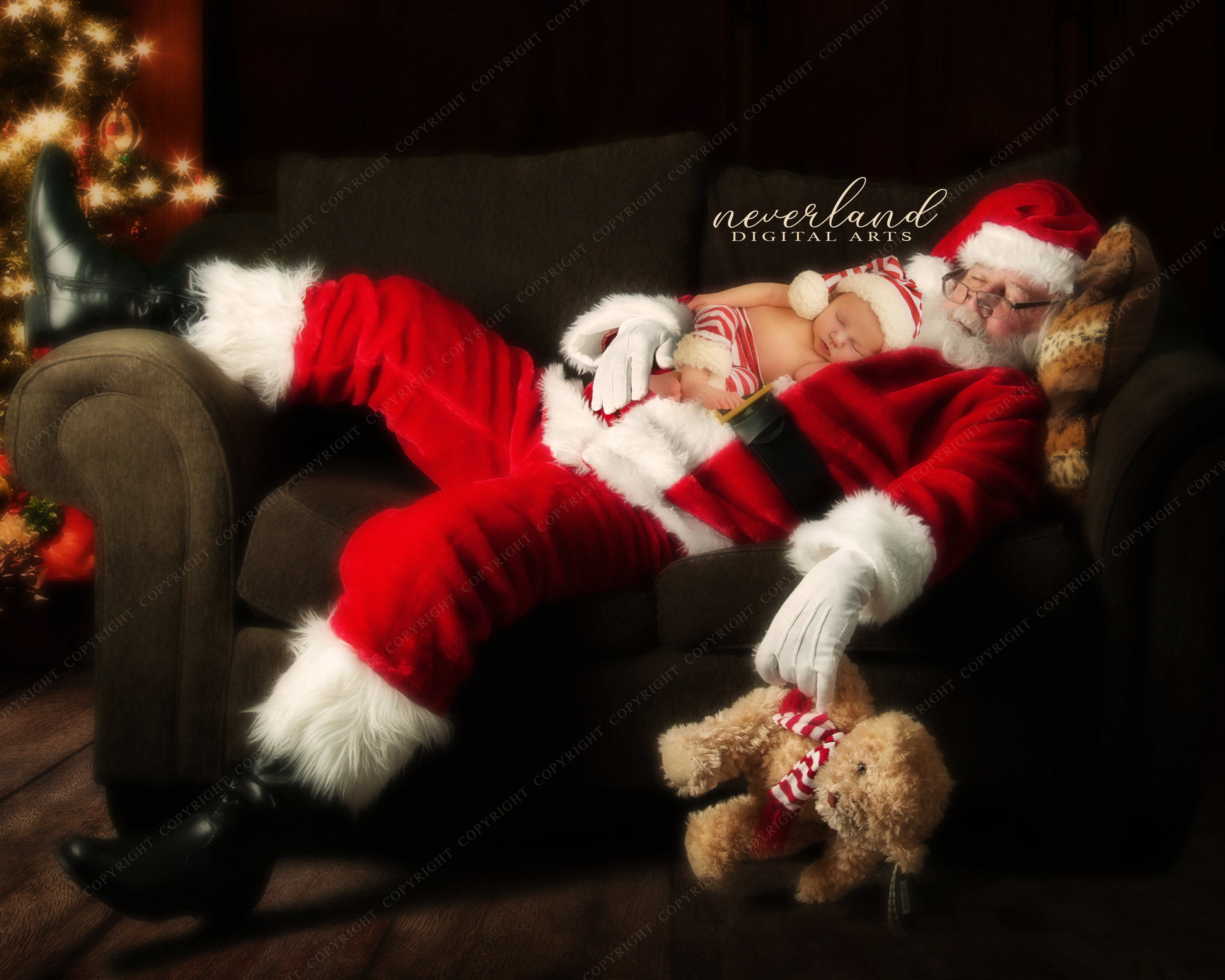 眠っているサンタ / 写真撮影用冬の背景 / クリスマスの構図の背景