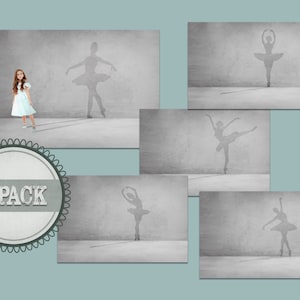 Könnte beinhalten: Ein Set mit fünf druckbaren Wandbildern, die ein junges Mädchen zeigen, das vor einer grauen Wand steht, mit einem Ballerina-Schatten dahinter. Die Drucke sind Teil eines 5er-Packs.