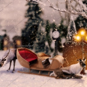 May include: A winter scene with a wooden sleigh and two reindeer in a snowy landscape. The sleigh has a red plaid seat. A street lamp glows with three lights. The background includes a clock and buildings.
