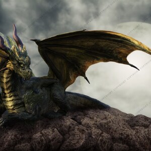 May include: A green and gold dragon with large wings rests on a rocky surface. The dragon is set against a cloudy sky with a full moon in the background. The dragon has horns and a long tail.