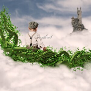 Puede incluir: Un niño pequeño está sentado en un gran tallo de frijol verde, mirando hacia un castillo de piedra en las nubes. El tallo de frijol está hecho de enredaderas y hojas, y el castillo es alto e imponente.