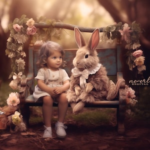 May include: A young girl in a white dress sits on a wooden bench with a brown rabbit wearing a white lace collar. The bench is decorated with pink flowers and greenery. The background is a blurred image of a forest.