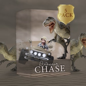May include: A product box featuring a boy driving a toy car, with the text "Dinosaur Chase". The box has images of dinosaurs and a gold shield that says "5 PACK". The background is a desert scene.