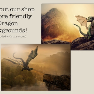 May include: Two digital illustrations of dragons in different poses. The first image shows a green dragon with brown wings sitting on a rock. The second image shows a black dragon with brown wings flying over a forest. The text "Check out our shop for more friendly Dragon Backgrounds! (Not included with this order)" is displayed on the image.