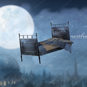 May include: A vintage metal bed floats in a starry night sky, with a full moon in the background. The bed has a patterned blanket and the words "neverland DIGITAL ARTS" are visible.