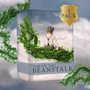 Puede incluir: Un producto de arte digital que presenta a un niño sentado en un tallo de frijol en las nubes. El producto se titula "Top of the Beanstalk" y es un paquete de 5. El producto es de Neverland Digital Arts.