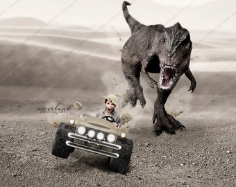 Trex Chasing a Jeep Dinosaur Background For Photography Compositions / Dinosaur Backdrop For Photographers / Backgrounds For Photoshop