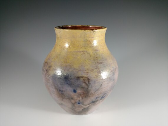 Yellow And Purple Pit Fired Vase With Low Fire Glossy Clear Etsy