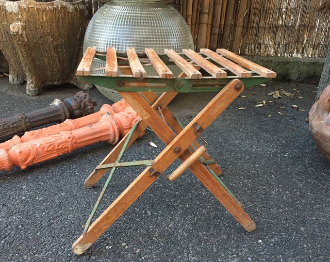ancien tabouret pliant de camping pique-nique en bois & métal début 20 ème siècle