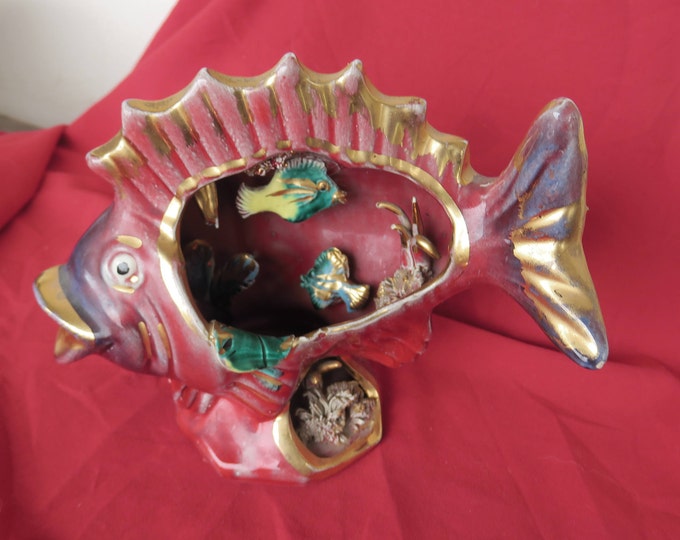ancienne céramique décorative de Vallauris, poissons dans un poisson, à monter en veilleuse